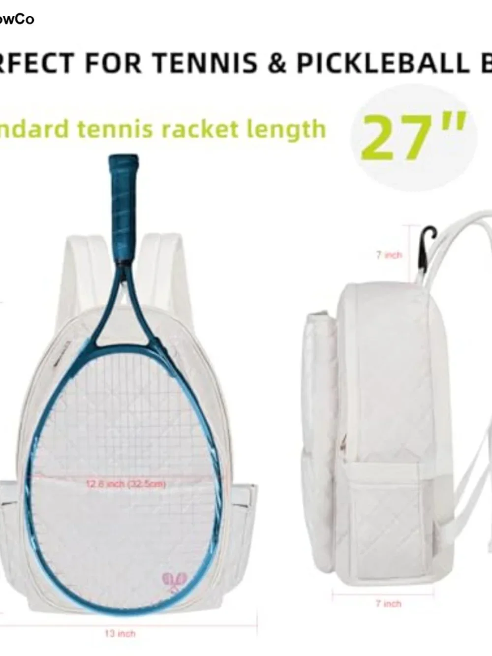 Waterproof Quilted Tennis Backpack for Women, Pickleball Paddle Racket Bag with